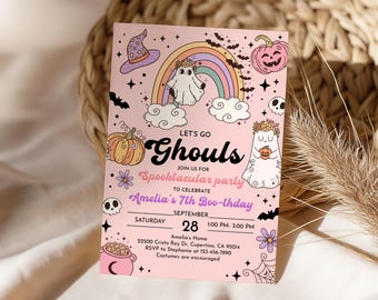 May include: Pink invitation card with a cute cartoon ghost, pumpkin, and witch hat. The text reads "Let's Go Ghouls Join Us For Spooktacular Party To Celebrate Amelia's 7th Boo-thday Saturday September 28 1:00 PM - 3:00 PM Amelia's Home 22500 Cristo Rey Dr. Cupertino, CA 95014 RSVP to Stephanie at 123-456-7890 Costumes are encouraged".