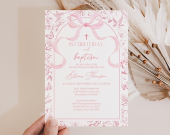 Pink Chinoiserie Baptism Invitation: Toile De Jouy Floral E-Invite (Printable 5x7in Digital File)