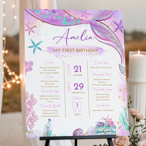 Mermaid 1st Birthday Milestone Sign, Purple Chalkboard (Editable Template Bir321)