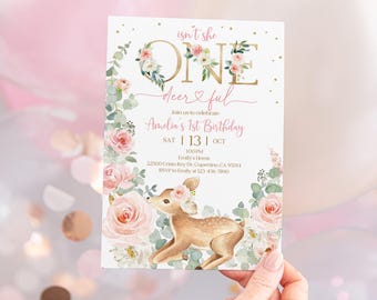 Birthday Invitation: Woodland Deer with Pink and Gold Flowers (Editable Bir39)
