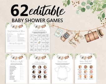May include: A set of 62 printable baby shower games with a travel theme. The games include "Baby Predictions & Advice", "Find the Secret Bingo", "The Price is Right", "Labor or Love", "Design a Onesie", and "Books or Baby Butt".