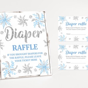 Winter-Windel-Verlosung Zeichen und Ticket Schneeflocke-Windel-Gewinnspiel Winterwunderland-Babyparty-Spiel Blaue Schneeflocke Bearbeitbare Druckbare Bab68