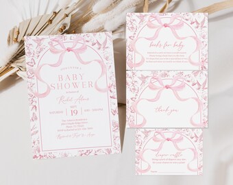 May include: Baby shower stationery set featuring a pink floral and ribbon design. The invitation includes the text "Join us for a Baby Shower" and event details. Accompanying cards read "Books for Baby," "Thank You," and "Diaper Raffle."