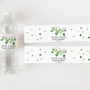 Étiquette de bouteille d'eau de la Saint-Patrick, décoration de baby shower, emballage de serviette de table trèfles, téléchargement imprimable modifiable SPBab3
