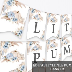 Pumpkin Baby Shower Banner - Boho Blue Boy, Editable Autumn Decor Bab279