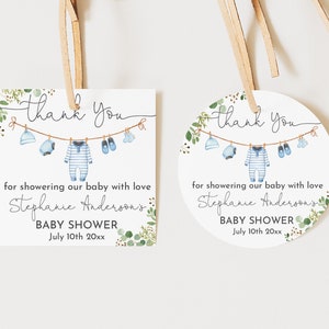 Jongenskleding babyshower bedankkaartje ronde vierkante sticker label wasbedankje jongen boho blauw groen bewerkbare afdrukbare download Bab214