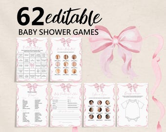 Baby Shower Games Bundle: Pink Bow Party Pack (62 Editable Cards Bab334)