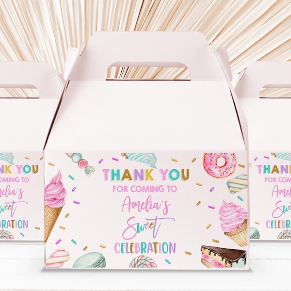 Sweet party gable box label sweet celebration Girl Birthday Ice cream donut Candy Gable box favor label Editable Printable Download Bir340