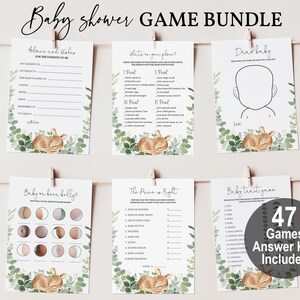 May include: A baby shower game bundle with six printable games, including "Advice and Wishes," "What's on your phone?" and "Draw Baby." Each game card features a watercolor illustration of a fawn and greenery. Includes 47 games and an answer key.