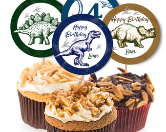 May include: Three cupcake toppers featuring dinosaurs and the text "Happy Birthday" and "Liam". The toppers are on top of cupcakes with frosting and nuts.