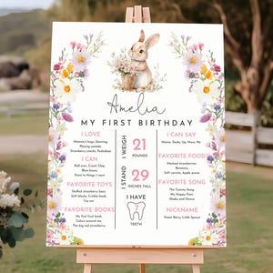 Affiche du premier anniversaire du lapin, modèle de signe d'anniversaire de lapin, 1er anniversaire de bébé rose floral modifiable, fleurs sauvages imprimable EaBir14