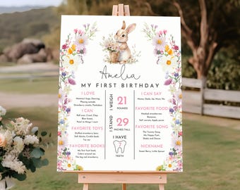 May include: A personalized first birthday sign featuring a watercolor illustration of a bunny holding flowers. The sign includes the name "Amelia", weight of 21 pounds, height of 29 inches, and favorite things.