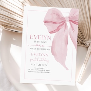 Pink Bow 1st Birthday Invitation: Pastel Coquette, Editable (Printable)