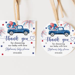 Étiquette de cadeau de naissance BabyQ rouge modifiable, blanc et bleu, 4 juillet, étiquette de cadeau BabyQ, cadeau de remerciement imprimable pour barbecue du 4 juillet, IpdBa1