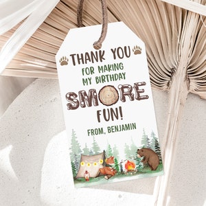 Étiquette d'anniversaire Un joyeux campeur, anniversaire de camping, étiquette de faveur, fête des campeurs, premier anniversaire, camping, ours, s'more, imprimable, modifiable, téléchargement Bir335