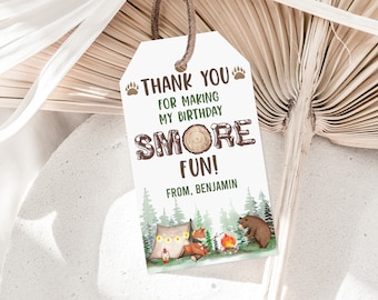 Camping Birthday Favor Tag, Bear and S'more (Editable Printable Bir335)