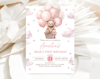 First Birthday Invitation: Teddy Bear and Pink Balloon (Editable Template Bir468)