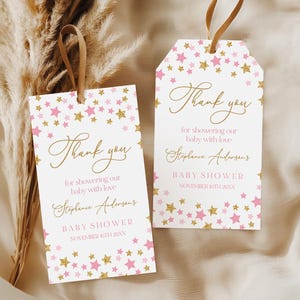 Twinkle Twinkle Little Star Baby Shower Favor tags Editable Pink and Gold Stars Thank you tags, Girl Gift tags Printable Digital Bab369
