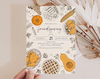 Friendsgiving Invitation Template, Hand Drawn Style (Editable Canva Invite)