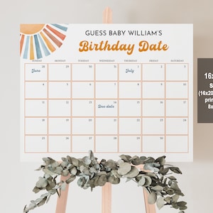 Calendario de fechas de parto para baby shower Boho Sun Aquí viene el hijo Juego para baby shower Imprimible Adivina el cumpleaños del bebé Editable Retro Descarga Bab196
