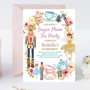 1st Birthday Invitation: Nutcracker Tea Party - Pink Gold Sugar Plum Fairy Bir263