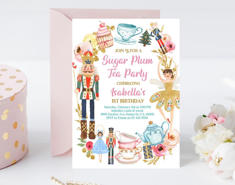 Nutcracker Tea Party 1st Birthday Invitation Girl Land of Sweets Invite Winter Pink Gold Girl Sugar Plum Fairy Download