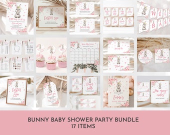 Baby Shower Invitation Bundle: Pink Bunny Floral - Editable Digital Set