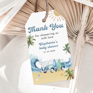 Surf Danke Geschenk Anhänger Baby an Bord Baby dusche Favor Tag Sommer Beach Boy Surfer Pool Party Meer Tag Bearbeitbare Printable Download Bab187