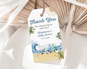 May include: Thank you for showering us with love, Stephanie's baby shower, 07.20.20XX. A white tag with blue and yellow watercolor illustrations of a beach scene, a van, palm trees, and waves.