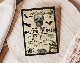 May include: A black and white Halloween party invitation with a skull, spiders, bats, and snakes. The text reads "You are invited to the Adams Halloween Bash, October 31, 7:00 PM. Hosted by Adams Family, 22500 Haunted Avenue, City, State Zip. RSVP to Alexandra at 123-456-7890. Costumes are encouraged. Prizes for best costume!"
