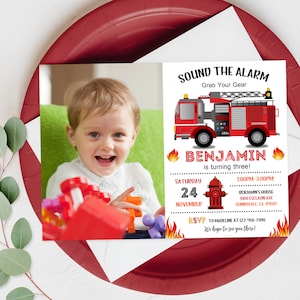 Fire Truck Birthday Invitation Fireman Party Invite Photo Boy Firefighter Sound the alarm 1st Digital Printable Editable Download Bir71