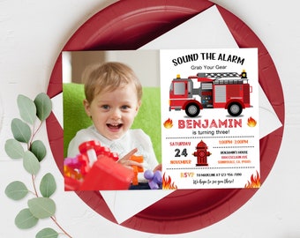 Fire Truck Birthday Invitation Fireman Party Invite Photo Boy Firefighter Sound the alarm 1st Digital Printable Editable Download Bir71
