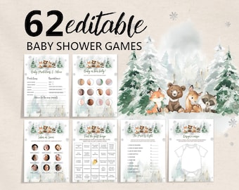 May include: 62 printable baby shower games featuring a woodland theme with a watercolour background. The games include "Baby Predicting & Advice", "Baby or Bear Baby?", "Find the Guest Bingo", "The Price is Right", and "Design a Onesie".