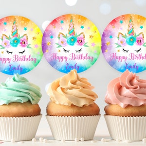 Rainbow Unicorn  Birthday Cupcake Topper  Unicorn Printable Decor  EDITABLE  Download  Bir87