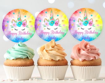 Rainbow Unicorn  Birthday Cupcake Topper  Unicorn Printable Decor  EDITABLE  Download  Bir87