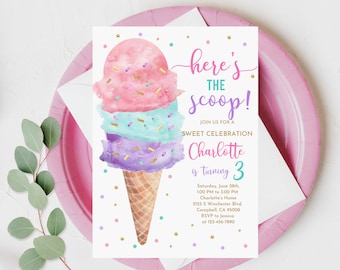 Ice Cream Birthday Invitation Ice cream social Party Here's the Scoop Pink Mint Purple Girl Birthday Printable Editable Download Bir366