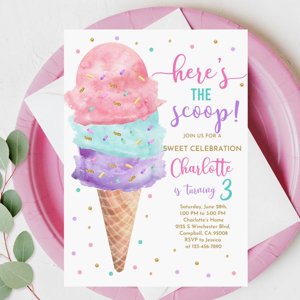 Ice Cream Birthday Invitation Ice cream social Party Here's the Scoop Pink Mint Purple Girl Birthday Printable Editable Download Bir366