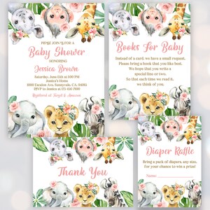 Safari Girl Baby Shower Invitations: Jungle Animal Theme (Editable Bab100)