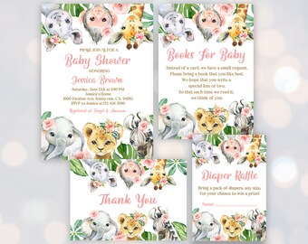 May include: A set of printable baby shower invitations featuring a jungle animal theme. The invitations are decorated with a pink and green colour scheme and watercolour illustrations of a giraffe, zebra, lion, and elephant. The text on the invitations reads "Please join us for a Baby Shower honouring Jessica Brown".