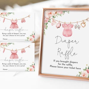 Mädchen Baby Kleidung Windel Gewinnspiel Zeichen und Tickets Windel Raffle Set Boho Wäsche Baby Shower Spiel rosa floral Printable Download Bab215