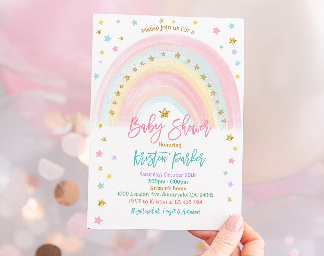 Rainbow Baby Shower Invitation Pastel Colorful Rainbow Gold Star ...
