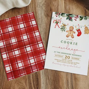 May include: Two Christmas-themed cards on a wooden surface. One card features a red and white plaid pattern. The other card is white with a "Cookie Exchange" invitation, decorated with festive illustrations and text.
