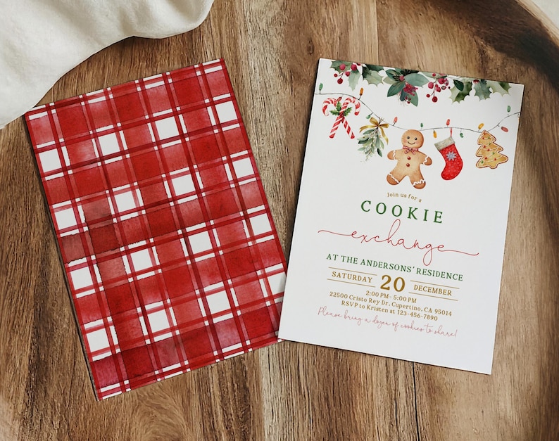 May include: Two Christmas-themed cards on a wooden surface. One card features a red and white plaid pattern. The other card is white with a "Cookie Exchange" invitation, decorated with festive illustrations and text.