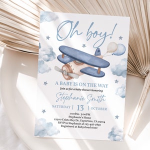 Invito per baby shower con aeroplano blu Invito per baby shower con viaggio modificabile Invito Oh boy stampabile Nuvola Stella Cielo Ragazzo Aeroplano blu Bab248