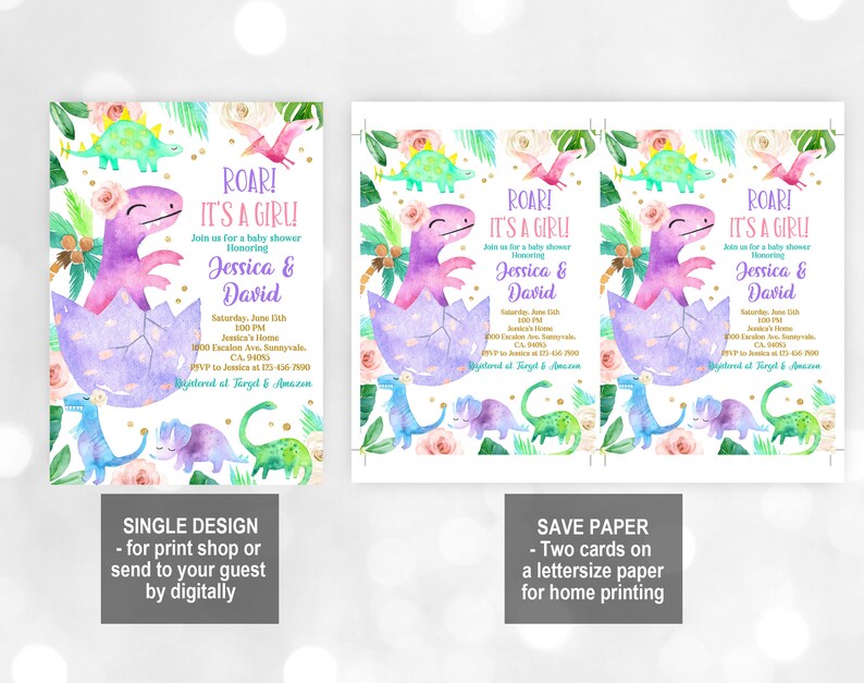 Girl Dinosaur Baby Shower Invitation Set Purple Floral Etsy