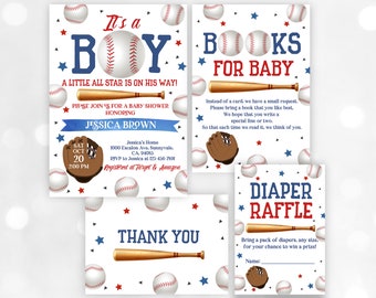 May include: Four printable cards for a baseball themed baby shower. The first card says "It's a Boy! A little all star is on his way!" and includes a baseball, bat, and stars. The second card says "Books for Baby" and includes a baseball, bat, and stars. The third card says "Thank You" and includes a baseball, bat, and stars. The fourth card says "Diaper Raffle" and includes a baseball, bat, and stars.