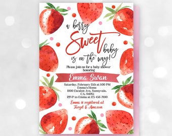 Strawberry Baby Shower Invitation Strawberry party invite A berry sweet baby Cute Girl Baby Pink Red Editable Download Bab142