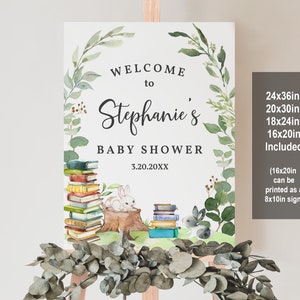 Cartello di benvenuto per baby shower con fiabe, capitolo del libro, stampabile, poster di benvenuto a tema, genere neutro, verde, coniglio, modificabile, digitale Bab217