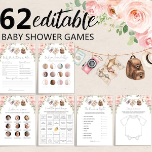 Travel Baby Shower Game Bundle Printable Editable Adventure Awaits Girl Baby shower World Map Suitcase Camera Pink Floral Editable Bab269
