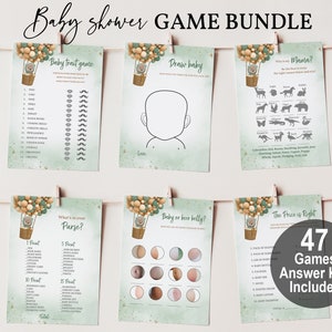 Teddy Bear Baby Shower Game set Bear Game Pack Bundle Green Brown Bear Balloons Gender neutral Package Editable Printable Download Bab163